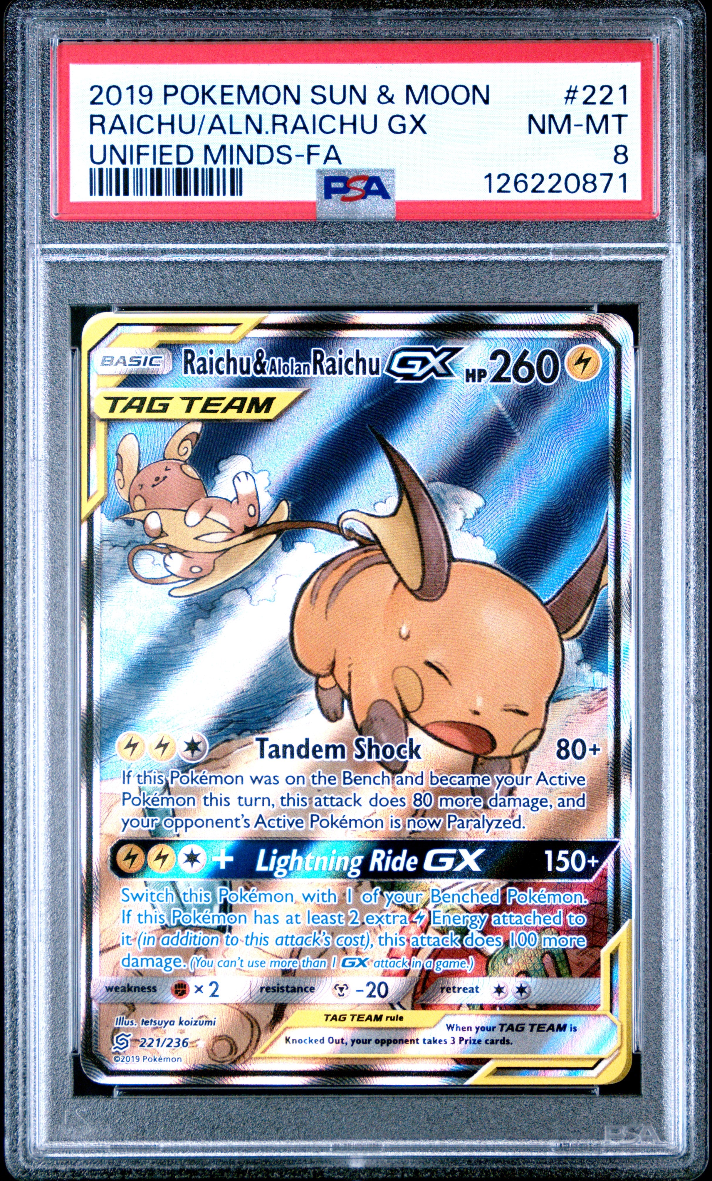 Raichu/Aln.Raichu Gx Unified Minds-Fa Pokemon Sun & Moon Unified Minds 221 PSA 8