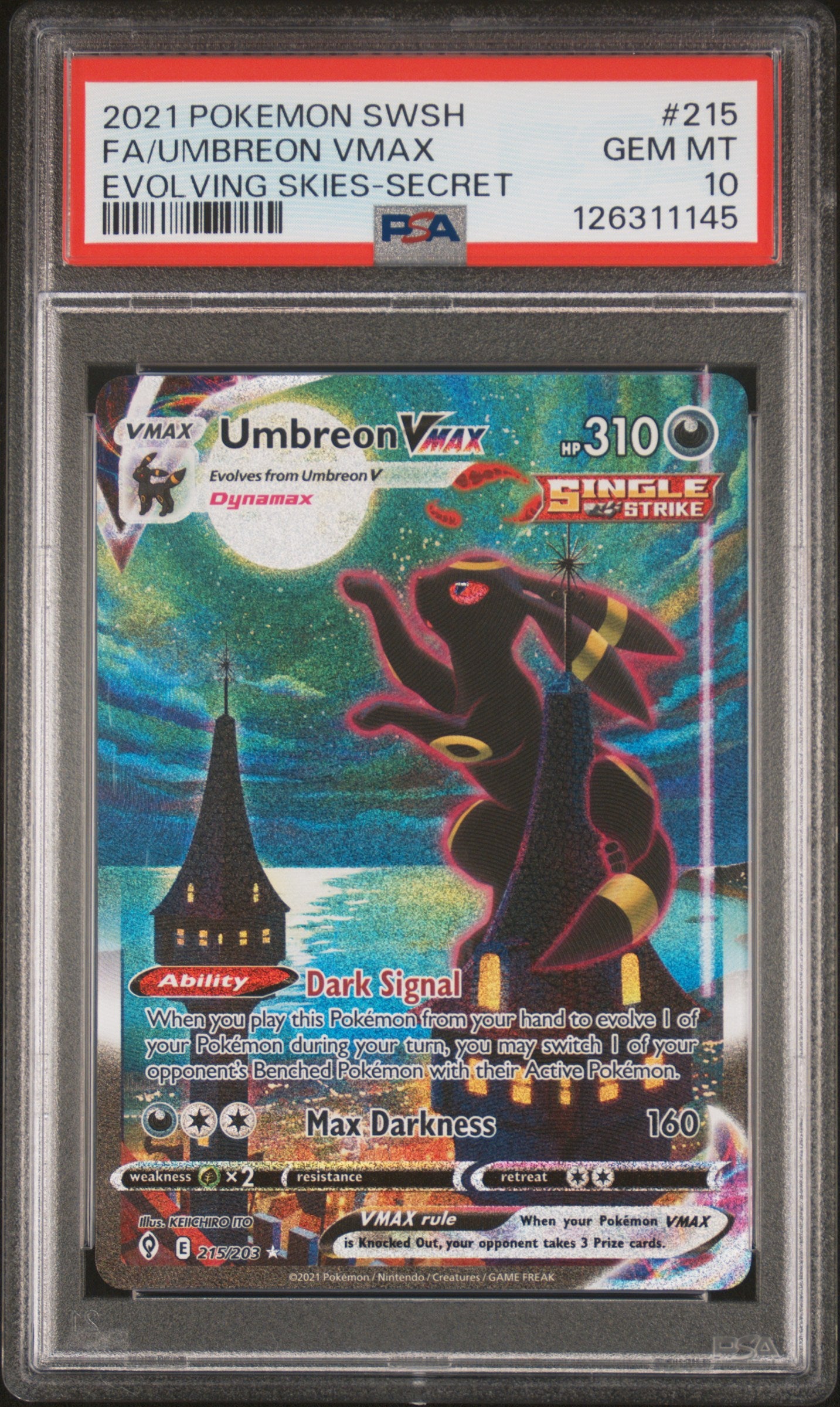 Fa/Umbreon Vmax Evolving Skies-Secret Pokemon Sword & Shield Evolving Skies PSA 